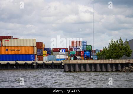 Holländischer Containerhafen im Rhein-Maas-Delta zwischen Rotterdam und Dordrecht, Niederlande am 26. Mai 2022. Stockfoto