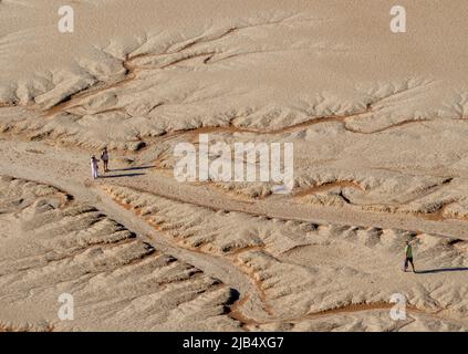 Drei Menschen in der Wüste, Dead Vlei, Sossusvlei, Namib Desert, Namib-Naukluft National Park, Hardap Region, Namibia Stockfoto