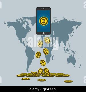 Business Bitcoin Concept.Gold Bitcoin Drop vom Telefon-Bildschirm auf Hintergrund Karte world.Vector Illustrator Stock Vektor
