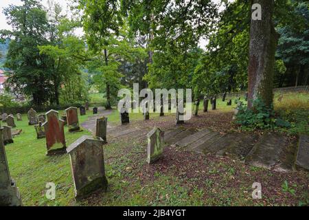 Jüdischer Friedhof Buttenhausen, Grabsteine, mazewa, matzewa, matzewa, denkmal, jüdische Geschichte, geschütztes Kulturdenkmal am Nordhang von Stockfoto