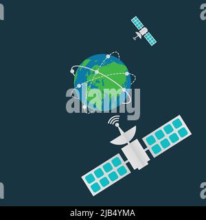 Kommunikationssatelliten im Orbit Erde, digitale terrestrische Rundfunkantenne drehen um die Welt.Vektordarstellung Stock Vektor