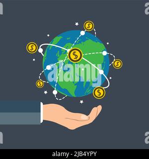 Geschäftsmann hält Erdkugel, Dollar Münze Konzept Wachstum Chart Hand halten, Münze spin um die Welt, Vektor-Illustration Stock Vektor