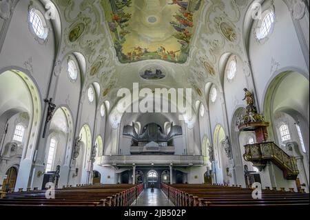 Orgelloft, Stadtpfarrkirche St. Peter und Paul, Dom des Westallgaeus, neobarocke Kirche von 1914, Lindenberg, Allgäu, Bayern Stockfoto