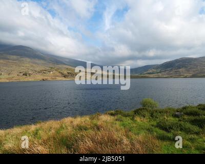 Irische hügelige Landschaft am Lough Acoose, einem Binnensee am Ring of Kerry. Lough Acoose, Curraghbeg, Kerry, Irland Stockfoto