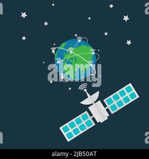 Kommunikationssatelliten im Orbit Erde, digitale terrestrische Rundfunkantenne drehen um die Welt.Vektordarstellung Stock Vektor