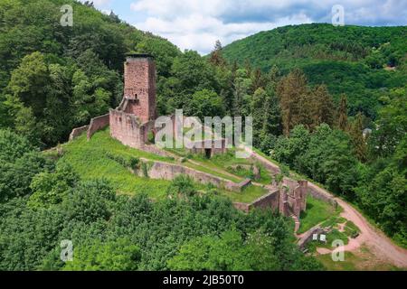 Luftaufnahme, Burgruine Hinterburg, auch bekannt als Alt-Schadeck, Spornburg, 165 utricularia ochroleuca (ue.) (ue.) über dem Meeresspiegel, gebaut um Stockfoto