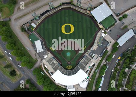 Eine allgemeine Luftaufnahme des PK Park, Freitag, 27. Mai 2022, in Eugene, Erz. Das Stadion ist das Heimstadion der Oregon Ducks Baseball. Stockfoto