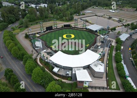 Eine allgemeine Luftaufnahme des PK Park, Freitag, 27. Mai 2022, in Eugene, Erz. Das Stadion ist das Heimstadion der Oregon Ducks Baseball. Stockfoto