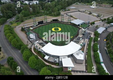 Eine allgemeine Luftaufnahme des PK Park, Freitag, 27. Mai 2022, in Eugene, Erz. Das Stadion ist das Heimstadion der Oregon Ducks Baseball. Stockfoto