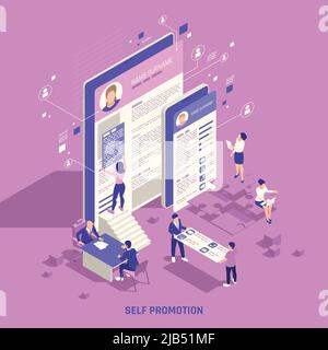 Selbstförderung persönliches Branding strategische Marketing-Fähigkeiten Aufbau sozialer Netzwerk Online-Präsenz isometrische Hintergrund Zusammensetzung Vektor illustrati Stock Vektor