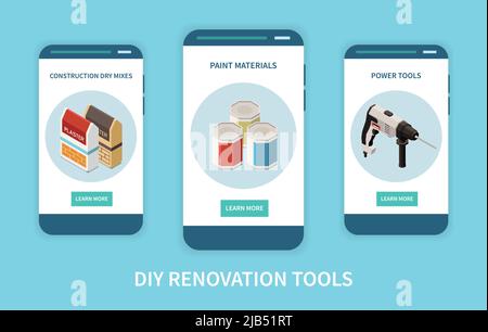 Isometrischer Satz von drei isometrischen diy-Bannern mit Werkzeugen und Materialien für die Renovierung isoliert auf blauem Hintergrund 3D Vektorgrafik Stock Vektor