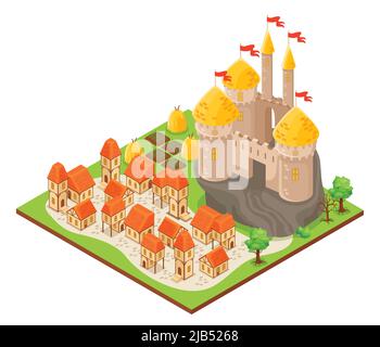 Isometrisches Gebäude der Fantasy-Burg auf Felsen Stadthäuser und Feld 3D Vektor-Illustration Stock Vektor