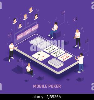 Online Casino Poker Social Cash-Spiele auf mobilen Gerät virtuelle Spieler Karten lila Hintergrund isometrische Vektor-Illustration Stock Vektor