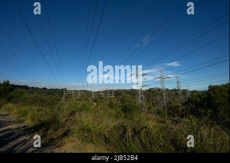 Strom für die Menschen - die meisten von Victorias und allen von Melbourne stammen aus Kohlegeneratoren im La Trobe Valley über diese Stromleitungen. Stockfoto