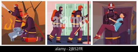 Feuerwehrmänner Set aus drei quadratischen Kompositionen mit Ansichten der Bekämpfung von Feuerrettung Menschen und Feuerwehr-Station Vektor-Illustration Stock Vektor