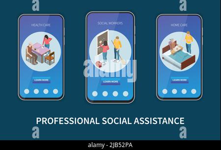 Satz von drei vertikalen älteren Menschen professionelle soziale Hilfe Service isometrische Banner mit Schaltflächen und Bildern Vektor-Illustration Stock Vektor