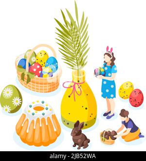 Ostern isometrische Hintergrundkomposition mit Bildern von süßen Kuchen Korb mit bemalten Eiern und Kinder Zeichen Vektor-Illustration Stock Vektor