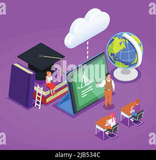 Online-Bildungskonzept mit isometrischen Symbolen von Tablet-Bücher Globus Zeichen von Lehrer und Schüler 3D Vektor-Illustration Stock Vektor