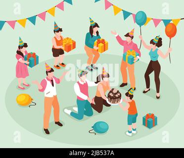 Geburtstag Gratulation Konzept mit Kindern Geschenke und Kuchen isometrische Vektor-Illustration Stock Vektor