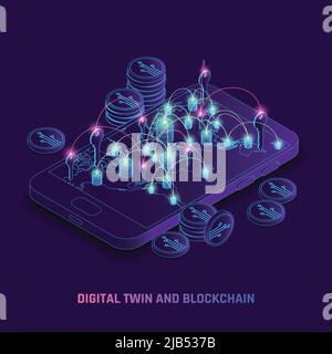 Blockchain nutzt die Verwendung von digitalen Zwillingen dynamische Technologie Identität verfolgt Transaktionen Tracking auf dem Smartphone-Bildschirm isometrische Vektor-Illustration Stock Vektor