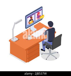 Isometrisches Konzept der Fernverwaltung mit männlichem Charakter, der Remote auf einem Computer auf weißem Hintergrund arbeitet, 3D Vektorgrafik Stock Vektor