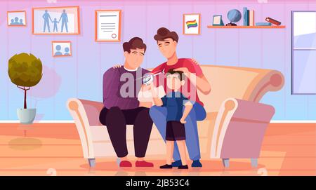 Glücklich homosexuelle Familie mit Kind auf Sofa sitzen flache Hintergrund Vektor-Illustration Stock Vektor