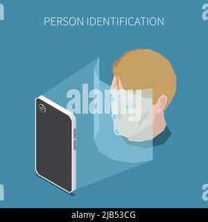 Biometrische Authentifizierung isometrische Komposition mit editierbarem Text und menschlichem Kopfbild, das mit der Vektorgrafik des Smartphone-Bildschirms gescannt wird Stock Vektor