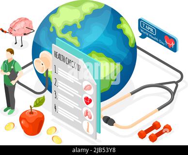 Weltgesundheitstag isometrische Zusammensetzung mit Charakter des Arztes Erde lächelnd Gehirn Stethoskop Apfel Vektor Illustration Stock Vektor