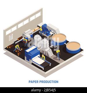 Papierherstellung isometrisches und farbiges Konzept mit Schnittbaumpräparation und Verdauungsvektordarstellung Stock Vektor