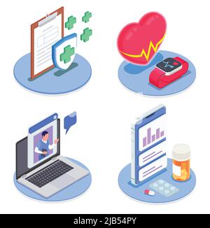 Isometrischer Satz von Computer-Tablet-Smart-Uhr und andere Attribute der Gesundheit Vektor-Illustration Stock Vektor