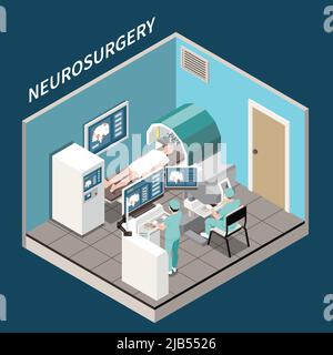 Isometrisches Konzept für die Roboterchirurgie mit Symbolen für die medizinische Neurochirurgie Stock Vektor