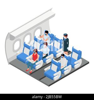 Isometrische Ansicht des Innenraums der Reiseklasse des Flugzeugs mit stehenden Passagieren auf ihren Sitzen Vektordarstellung des Flugbegleiters Stock Vektor