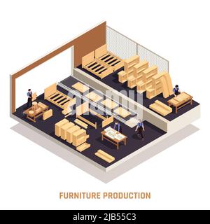 Möbelproduktion isoliert isometrische Konzept-Werkstatt mit fertigen Möbeln und Lackierung von fertigen Produkten Vektor-Illustration Stock Vektor