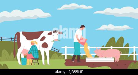 Lächelnde Menschen melken Kuh und Fütterung Schweine auf Bauernhof flach Vektor-Illustration Stock Vektor