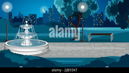 Park Komposition mit Nachtansicht des Stadtparks mit Brunnen leeren Gassen Lichter und Stadtbild Hintergrund Vektor-Illustration Stock Vektor