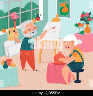 Ältere Menschen sind an kreativen Aktionen beteiligt, zeichnen und modellieren in der Studio-Vektorgrafik Stock Vektor