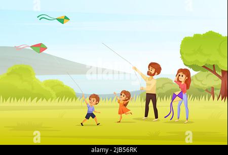 Familienurlaub Cartoon Konzept Mama und Papa mit zwei Kindern fliegen Drachen im Park Vektor-Illustration Stock Vektor