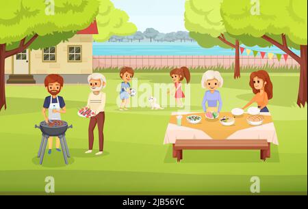 Familienurlaub farbige Cartoon Komposition Familie verbringt Zeit zusammen im Hof Vorbereitung von Lebensmitteln für Picknick Kinder spielen Vektor-Illustration Stock Vektor