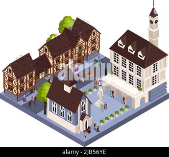 Mittelalterliche Stadtarchitektur isometrisches Konzept mit Turmkirche und Hausvektor illustraion Stock Vektor