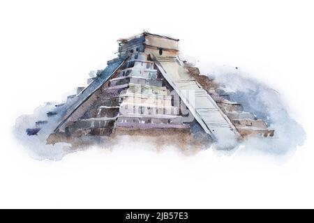 Pyramide Chichen Itza in Mexiko Aquarellzeichnung. Tempel der Kukulkan Aquarellmalerei. Stockfoto