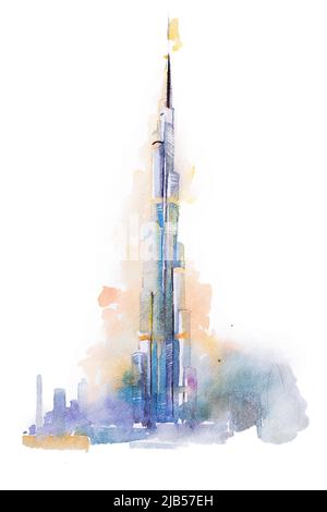 Aquarellzeichnung des Burj Khalifa Turms in Dubai. Stockfoto