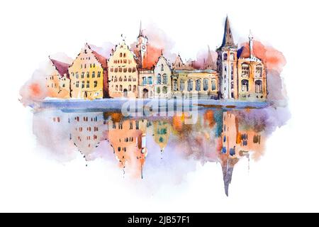 Stadtbild von Brügge Aquarellzeichnung, Belgien. Brügge Kanal Aquarellmalerei. Stockfoto