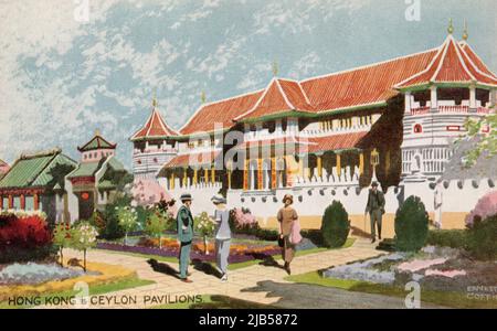 Hong Kong and Ceylon Pavilions, British Empire Exhibition 1924, London England, alte Postkarte. Ernest Coffin Künstler. Stockfoto