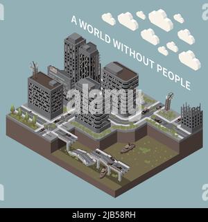 Post-Apokalypse isometrisches Poster illustrierte Stadtlandschaft und Transport ohne Menschen Vektordarstellung Stock Vektor