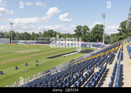 Gesamtansicht des Bodens vor Glamorgan gegen Essex Eagles, Vitality Blast T20 Cricket in den Sophia Gardens Cardiff am 2.. Juni 2022 Stockfoto