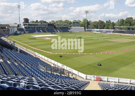 Gesamtansicht des Bodens vor Glamorgan gegen Essex Eagles, Vitality Blast T20 Cricket in den Sophia Gardens Cardiff am 2.. Juni 2022 Stockfoto