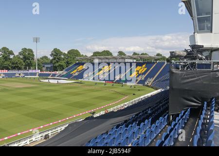 Gesamtansicht des Bodens vor Glamorgan gegen Essex Eagles, Vitality Blast T20 Cricket in den Sophia Gardens Cardiff am 2.. Juni 2022 Stockfoto