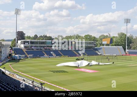 Gesamtansicht des Bodens vor Glamorgan gegen Essex Eagles, Vitality Blast T20 Cricket in den Sophia Gardens Cardiff am 2.. Juni 2022 Stockfoto