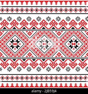 Ukrainische, weißrussische Volkskunst Vektor nahtlose Muster mit Schneeflocken, Volkskunst Stil Kreuz-Stich Ornament - Vyschywanka Stock Vektor