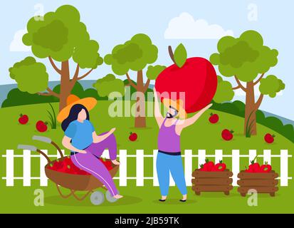 Ernte flache Zusammensetzung mit Gartenlandschaft und weißen Zaun mit Mann trägt riesigen Apfel zu Frau Vektor-Illustration Stock Vektor